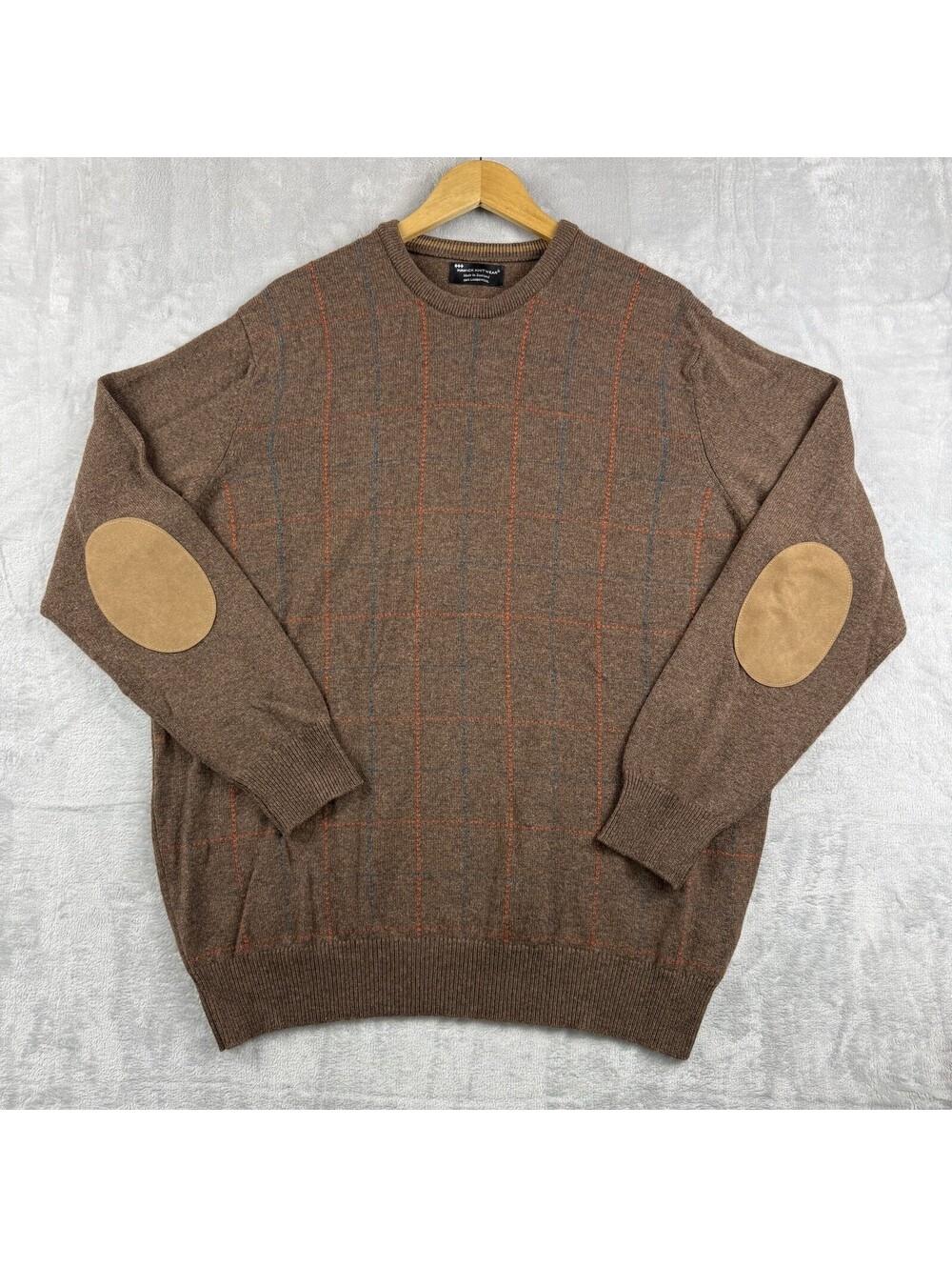 Hawick Knitwear Men’s XL Brown 100% Lambswool Sweater Scotland Made Elbow Patch